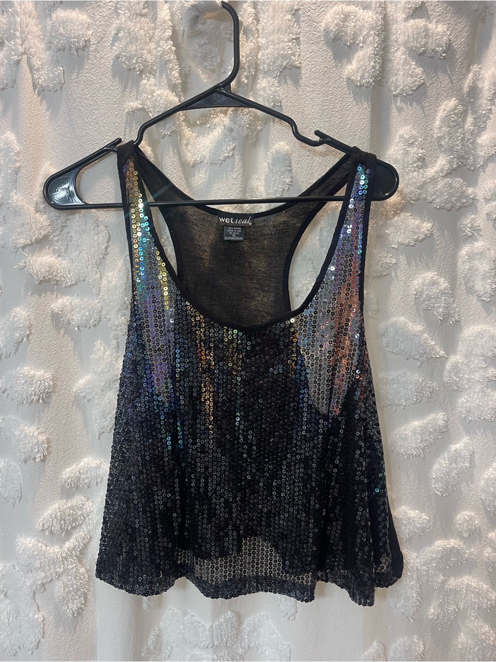 Wet Seal black semi sheer sequin tank to